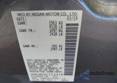 2019 Nissan Altima 2.5 S from USA, damaged, VIN 1N4BL4BV5KC215316
